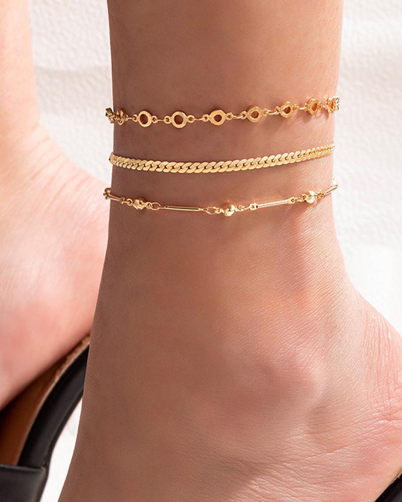 

3pcs Geometric Pattern Beaded Hollow-out Chain Anklet, Gold