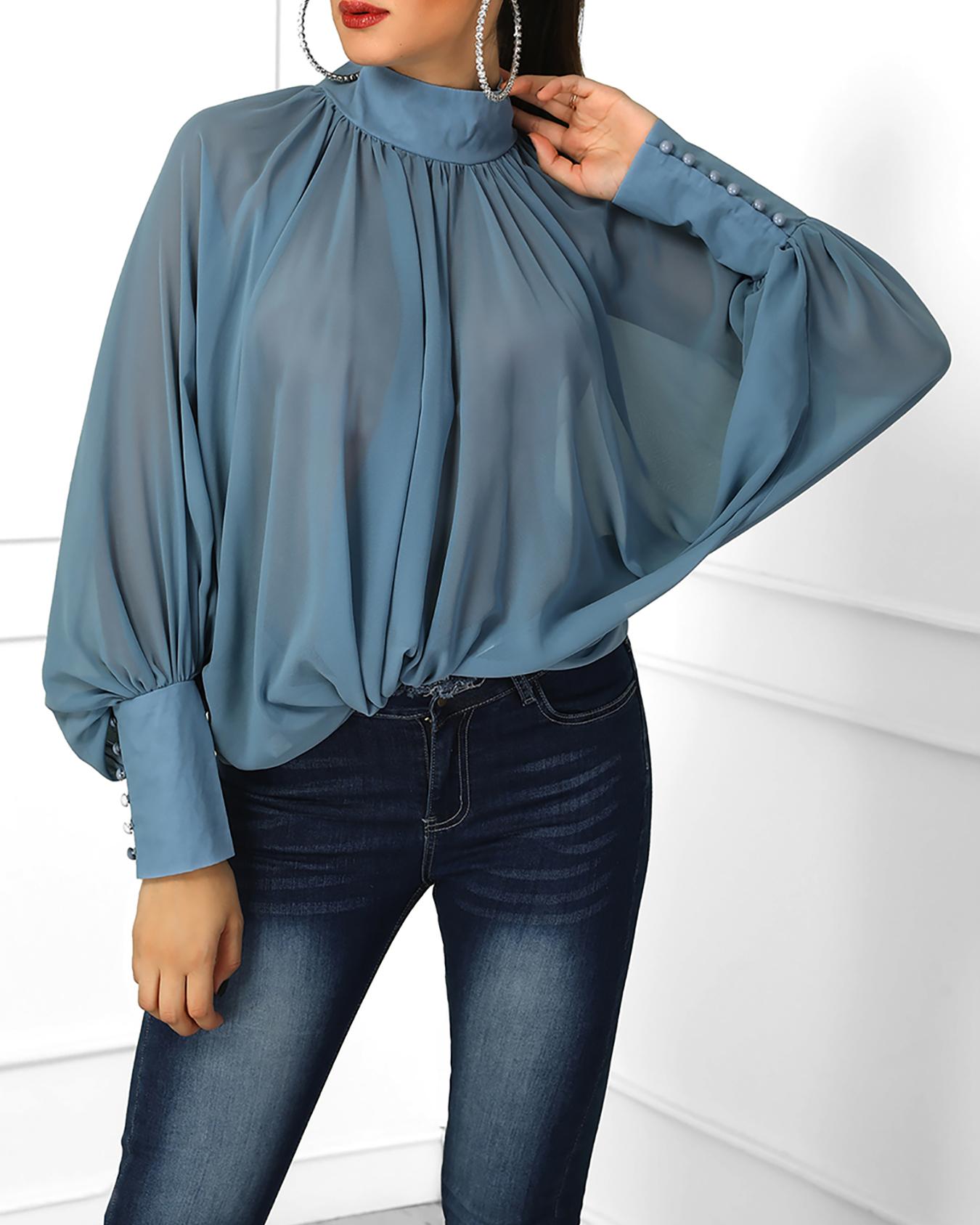 

Lantern Sleeve Wide Cuff Ruched Blouse, Sky blue