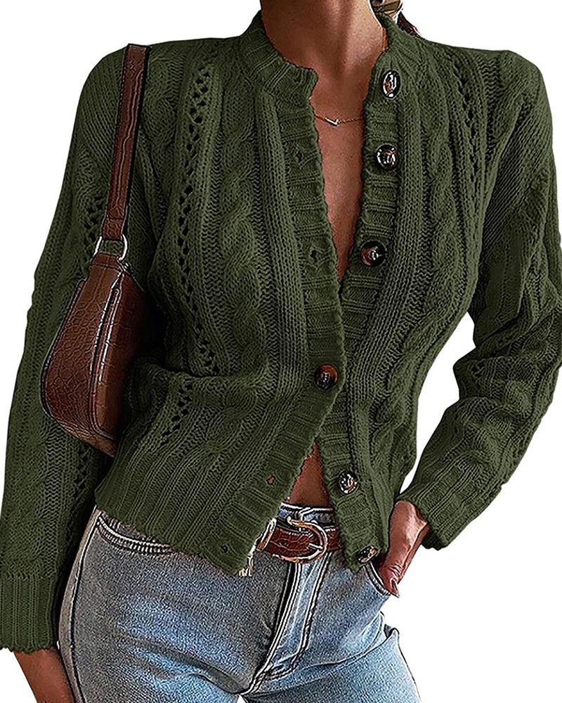 

Long Sleeve Cable Knit Buttoned Cardigan, Dark green