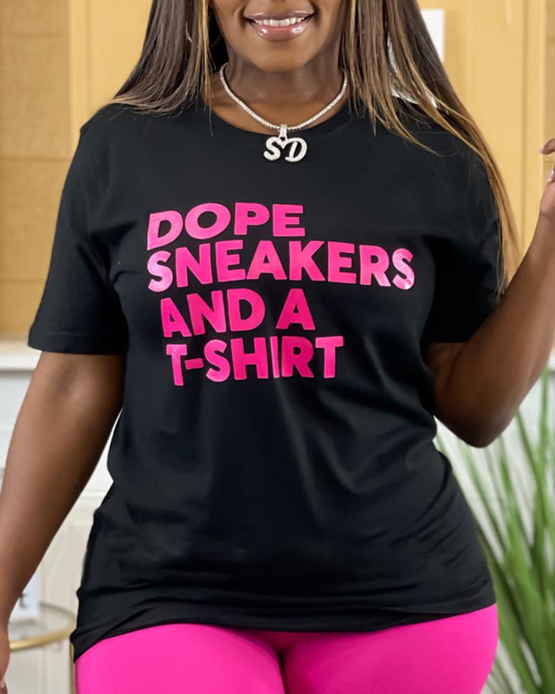 

Letter Print Round Neck Casual T-shirt, Rose red