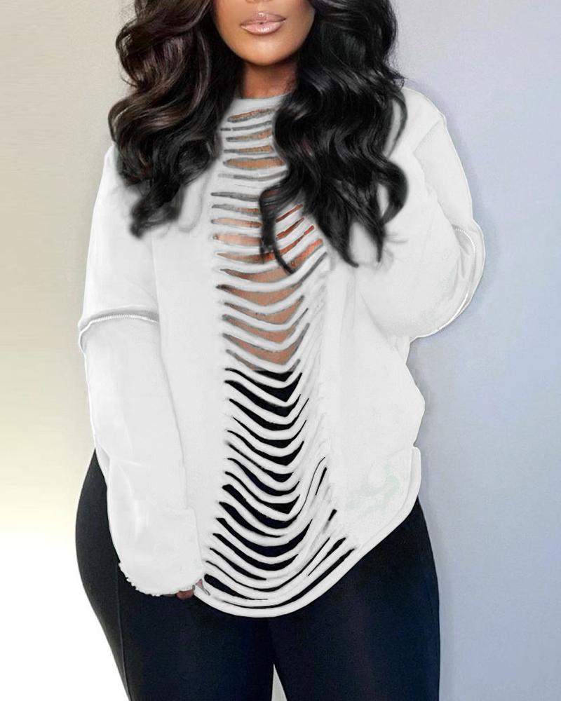 

Round Neck Ladder Cutout Long Sleeve Sweatshirt, White
