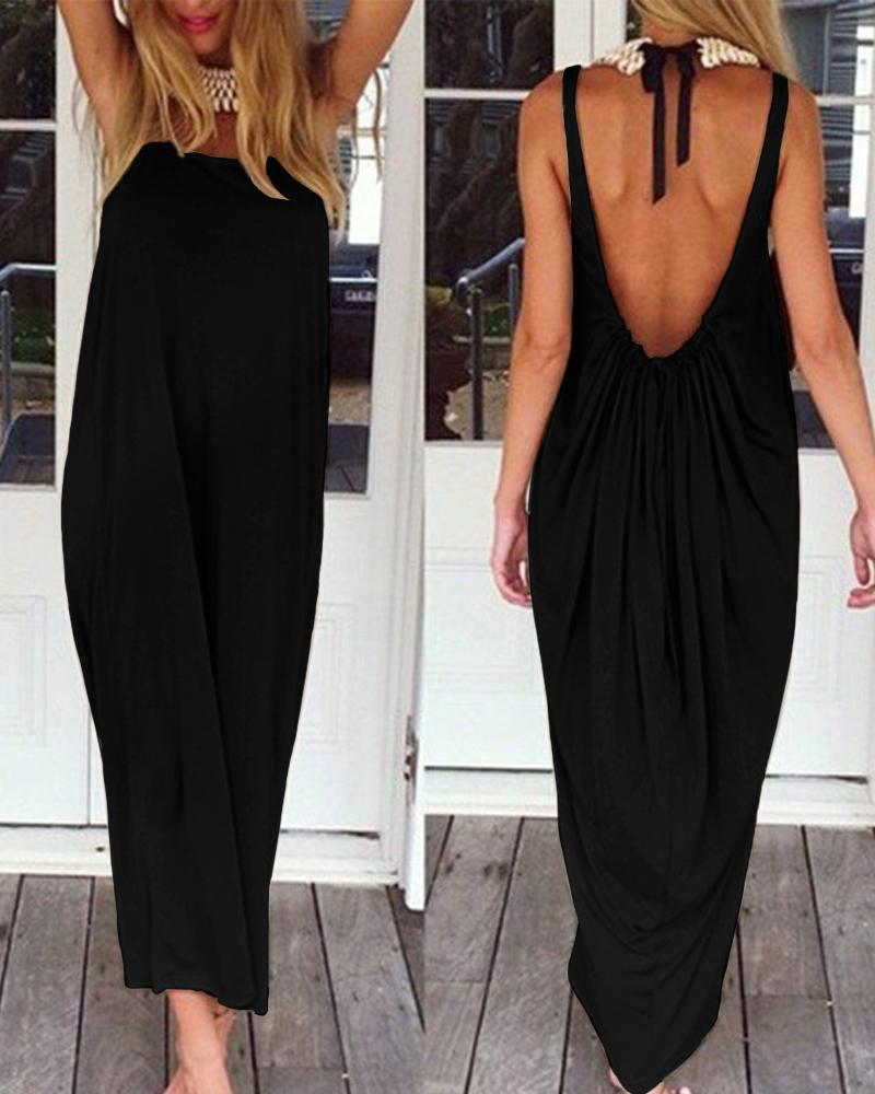 

Backless Ruched Casual Maxi Dress, Black