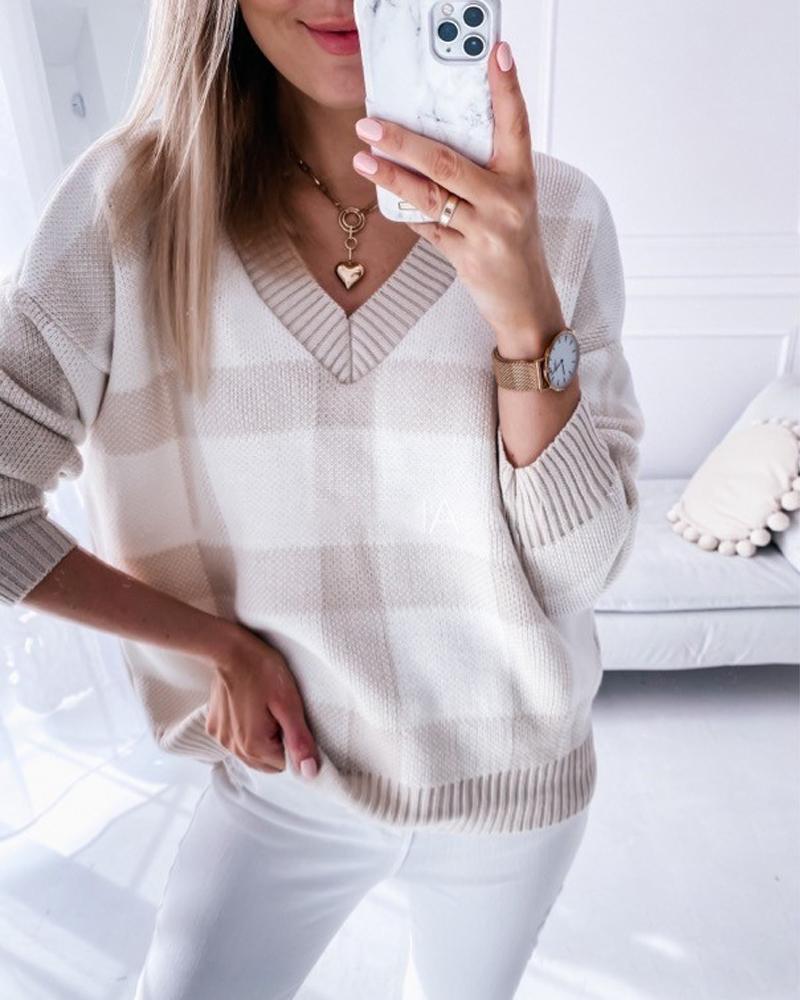 

Plaid V-Neck Long Sleeve Sweater, Style1