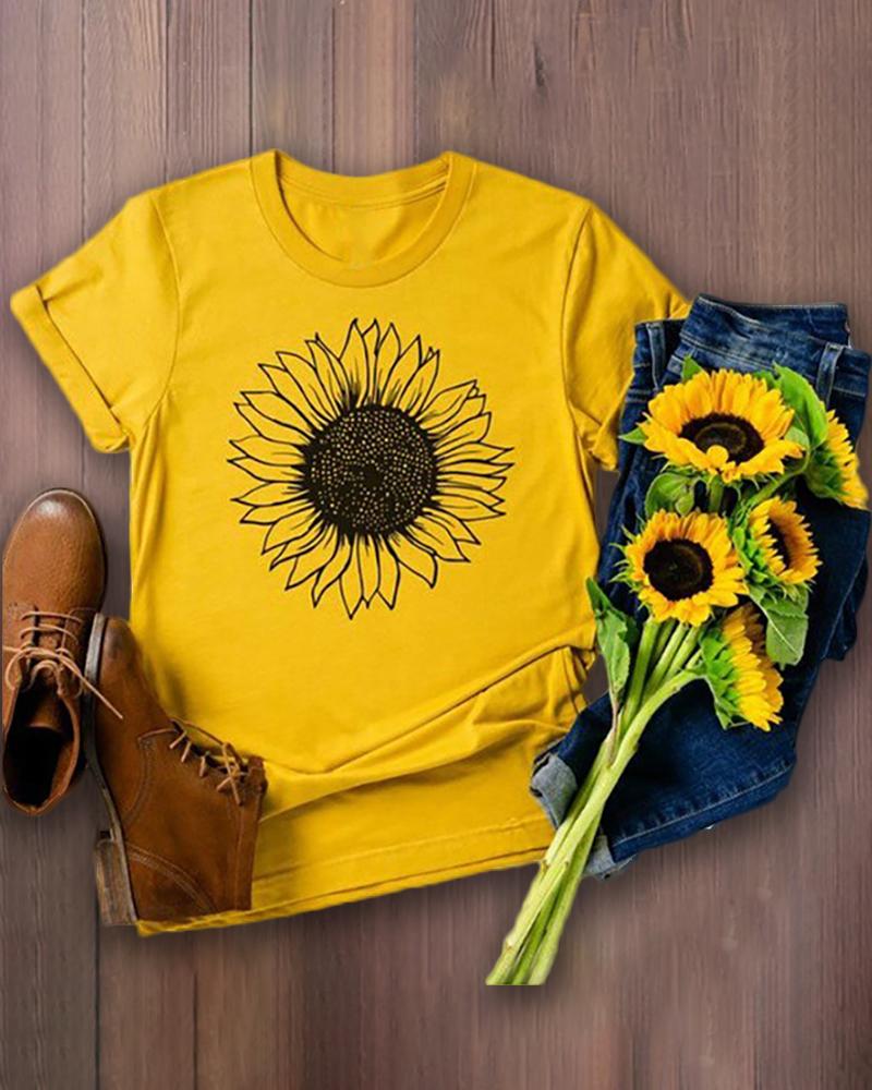 

Sunflower Print Short Sleeve T-shirt, Yellow