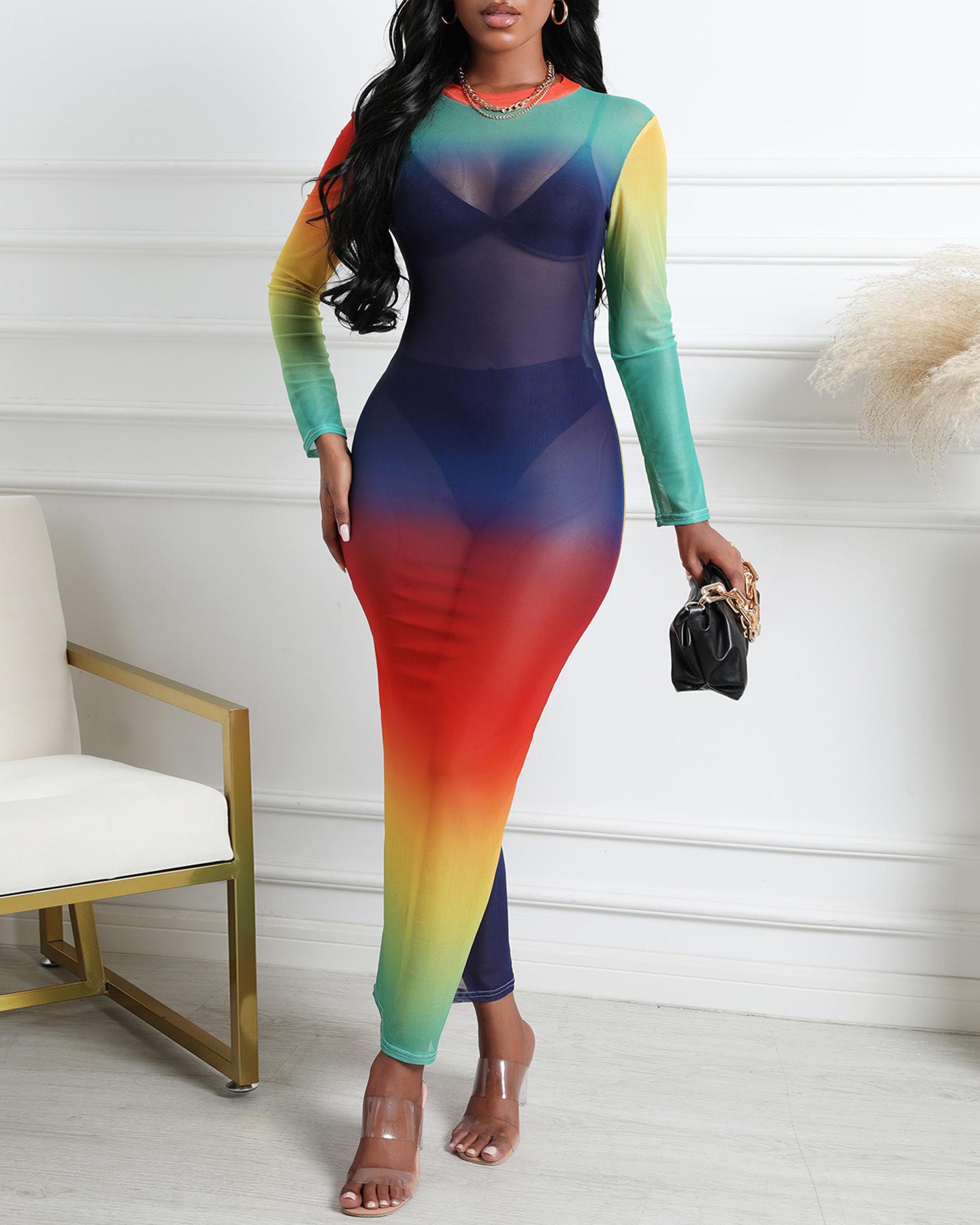

Ombre Colorblock Long Sleeve Mesh Maxi Dress, Multicolor