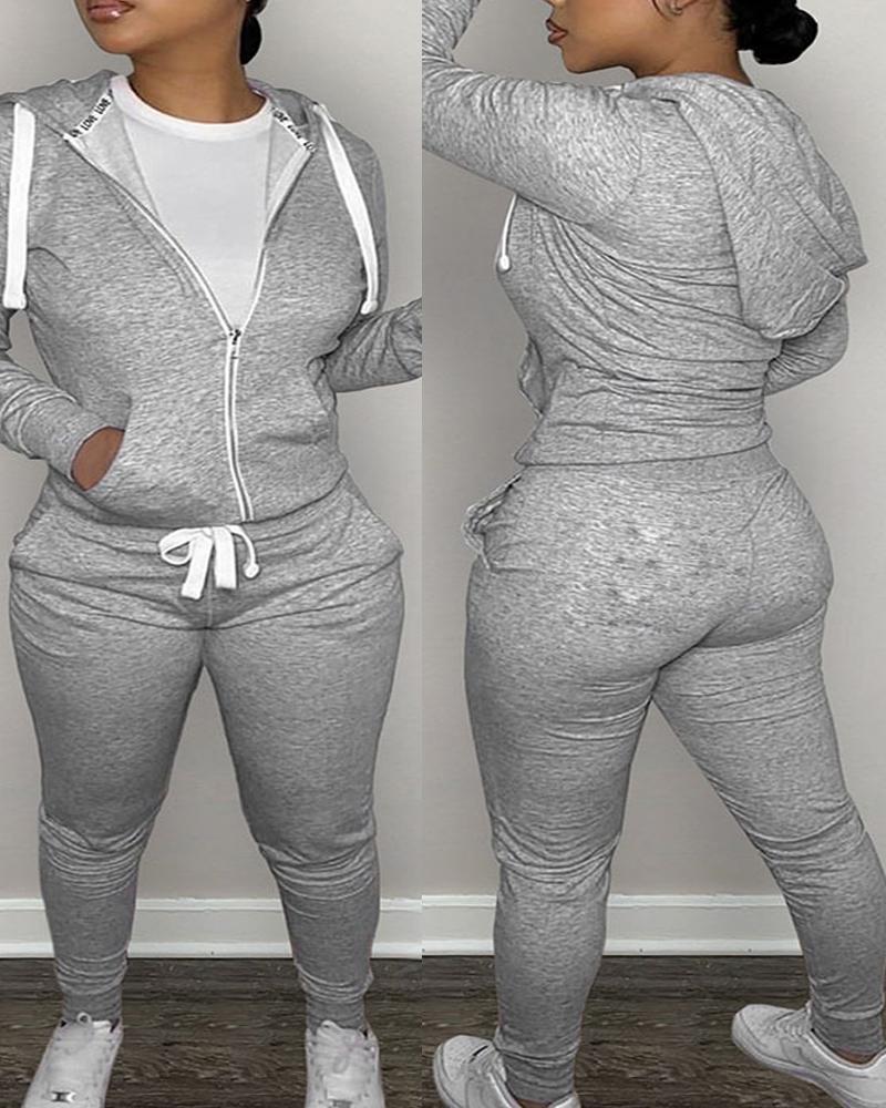 

Plus Size Zipper Design Sweatshirt & Sweatpants Set, Gray