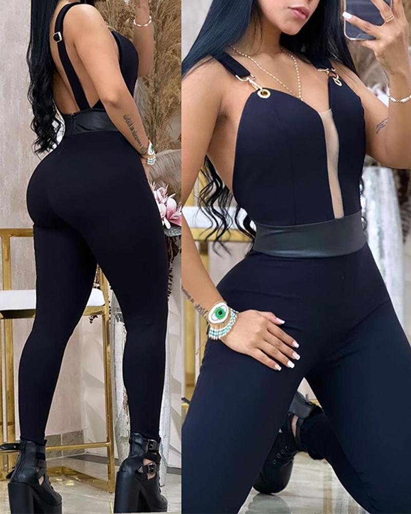 

Sheer Mesh Eyelet Sleeveless Jumpsuit, Black