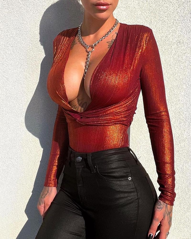 

Plunge Knot Front Long Sleeve Skinny Metallic Top, Brown