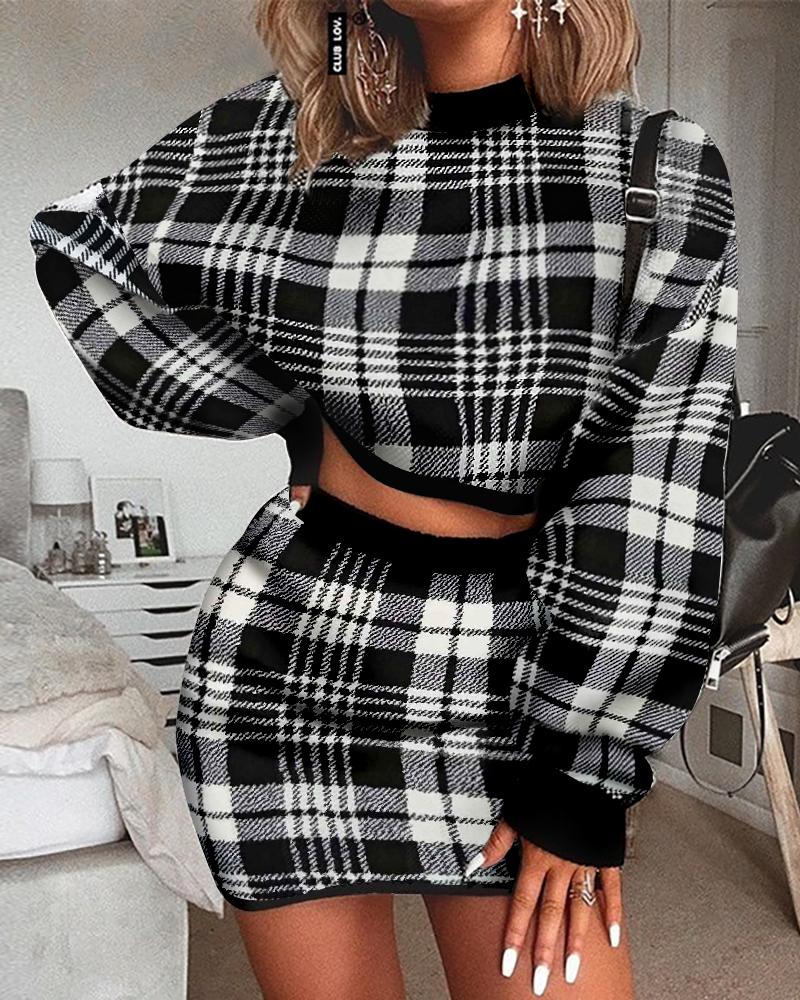 

Plaid Print Lantern Sleeve Crop Top & Mini Skirt Sets, Black