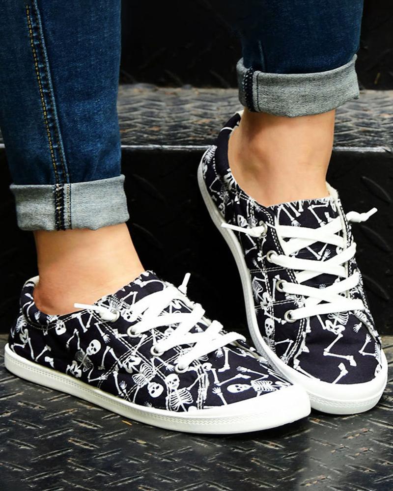 

Halloween Skeletton Print Slip On Canvas Shoes, Black