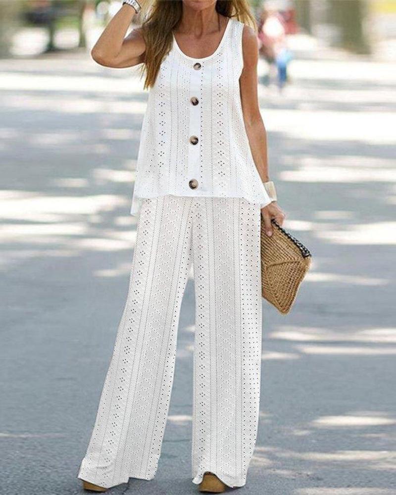 

Eyelet Embroidery Buttoned Tank Top & Pants Set, White