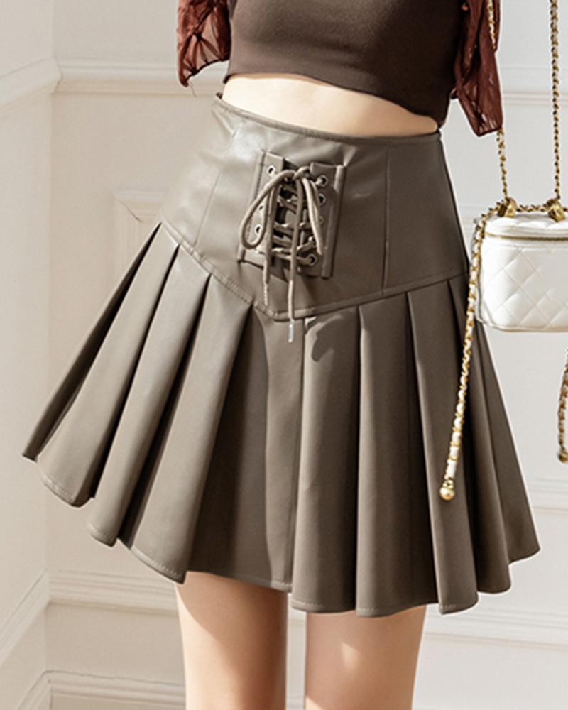 

PU Leather Pleated Lace-up Skirt, Khaki