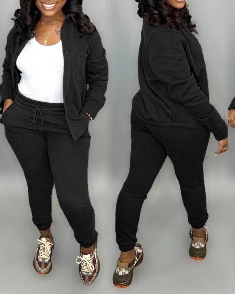 

Long Sleeve Buttoned Top & Drawstring Pants Set, Black