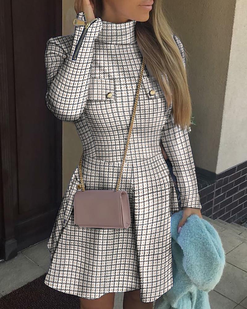 

Plaid Zipper Pocket Design Long Sleeve Dress, Gray