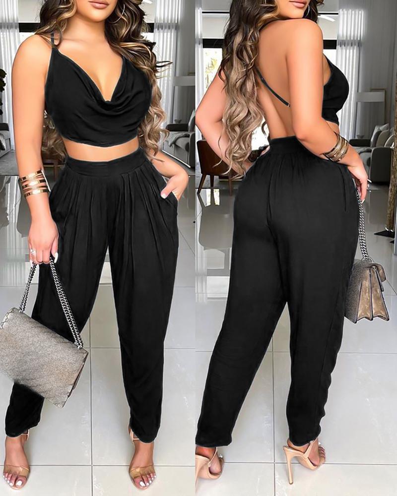 

Cowl Neck Backless Crop Top & Pocket Design Pants Sets, Black