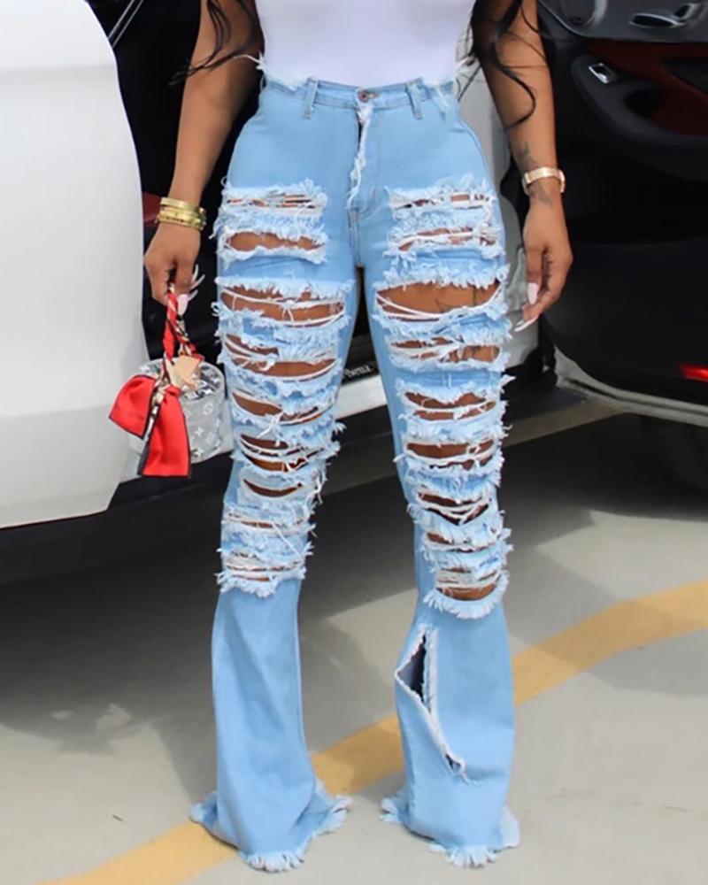 

High Waist Cutout Ripped Flared Jeans, Light blue