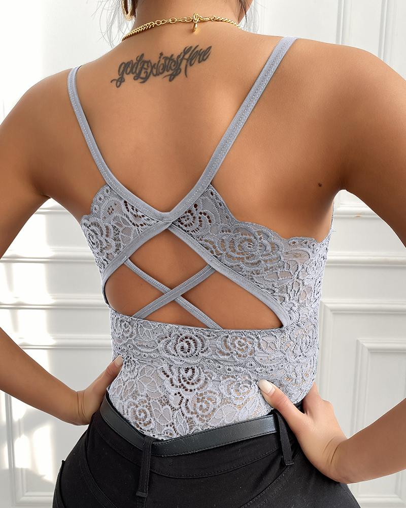 

Plunge Backless Lace Cami Tank Women Top, Gray