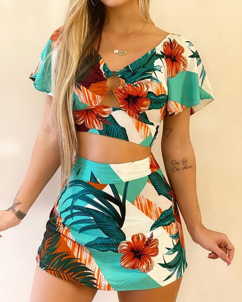 

Plant Print O-Ring Design Crop Top & Skirt Set, Blue