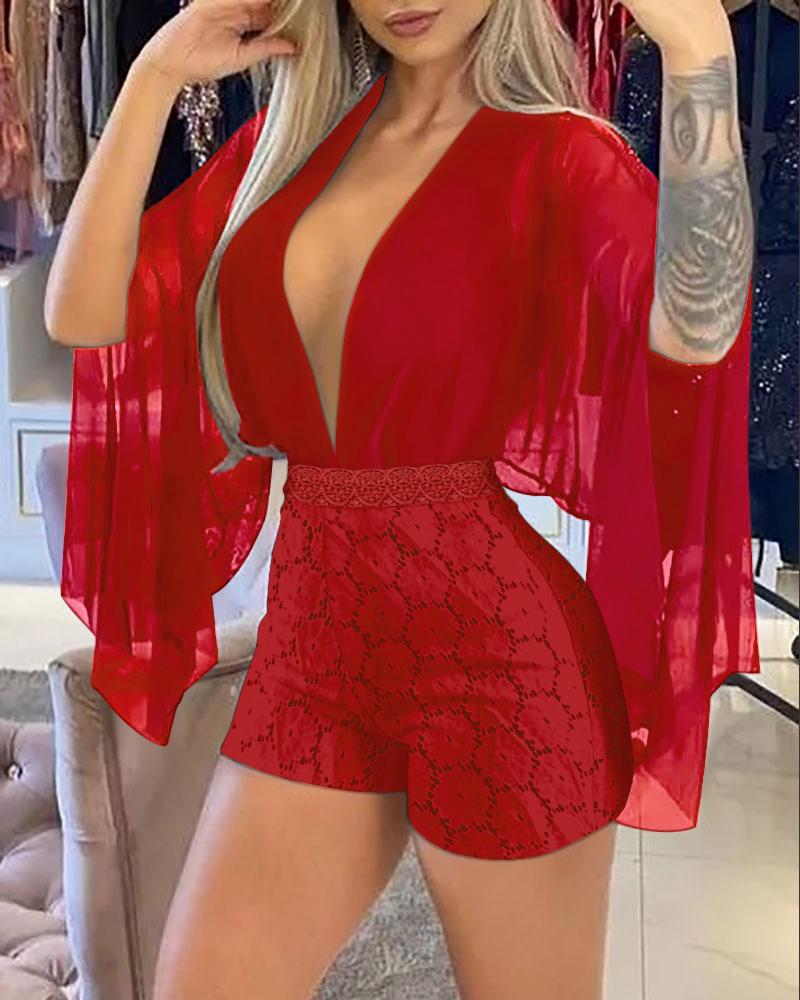 

Contrast Lace Plunge V Neck Long Sleeve Romper Sexy Sheer Mesh Slim Fit Jumpsuit, Red