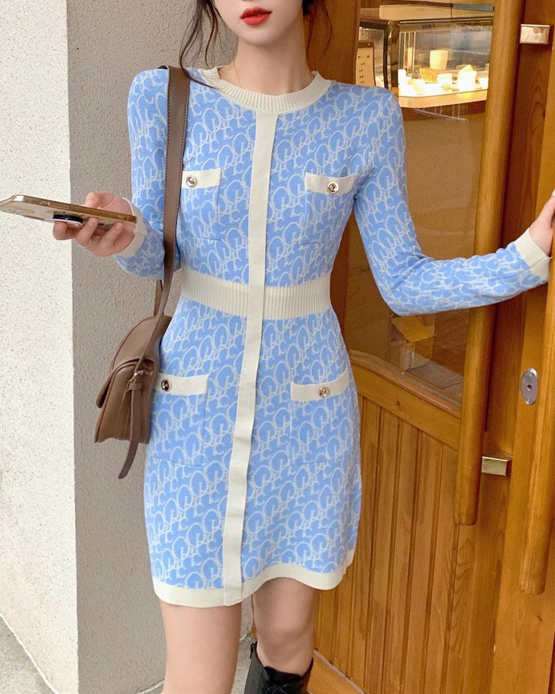 

Abstract Print Long Sleeve Pocket Detail Knit Tweed Dress, Blue