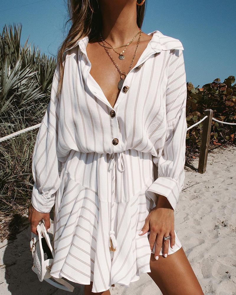 

Striped Print Ruffle Hem Casual Shirt Dress, White