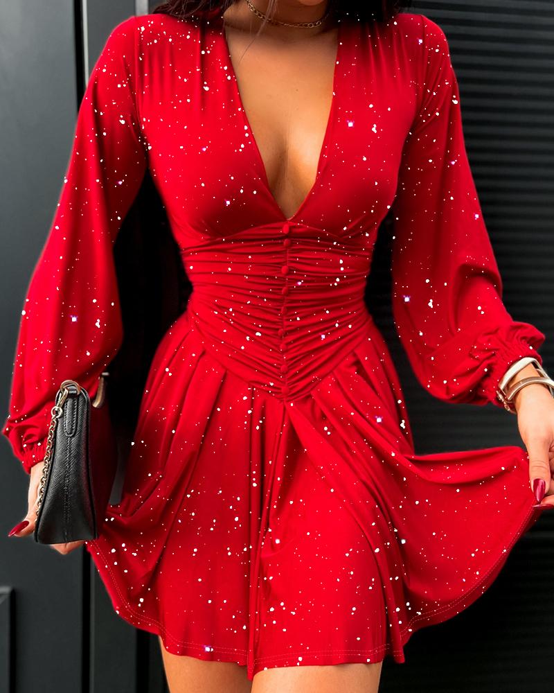 

Glitter Ruched Lantern Sleeve Dress, Red