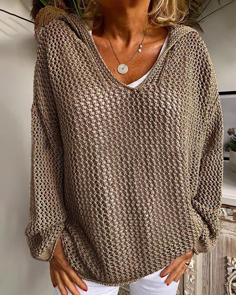 

Knit Hollow Out Long Sleeve Hooded Sweater, Dark grey