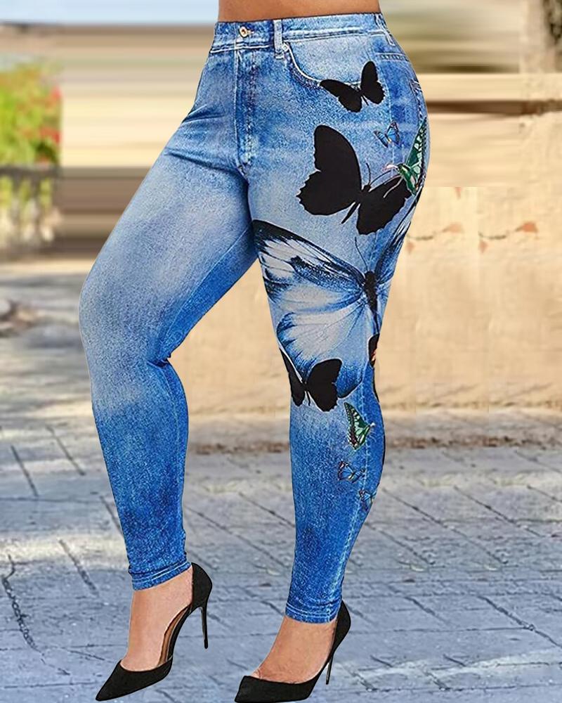 

Butterfly Denim Look Print High Waist Leggings, Dark blue