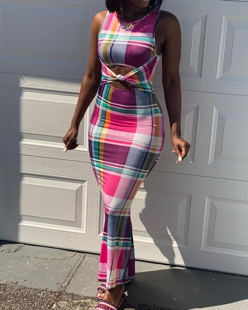 

Plaid Print Colorblock Cutout Waist Twisted Front Dress, Multicolor