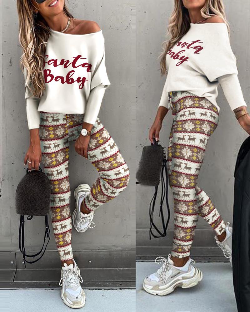 

Christmas Letter Print Long Sleeve Top & High Waist Pants Set, Multicolor