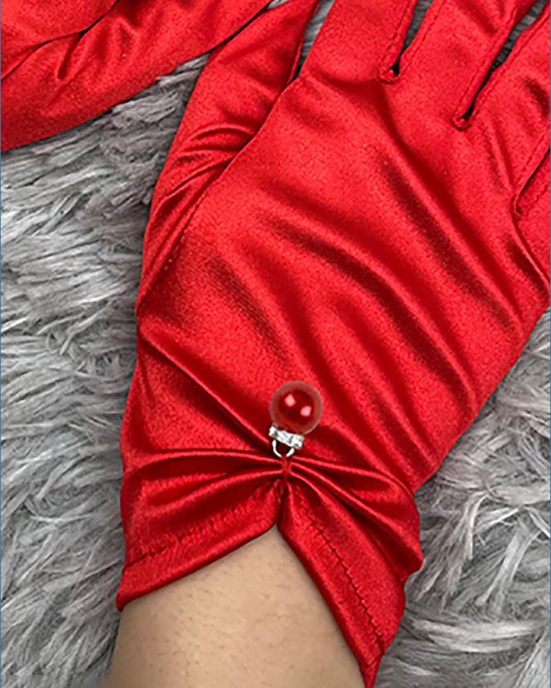 

Satin Beaded Decor Ruched Gloves, Red