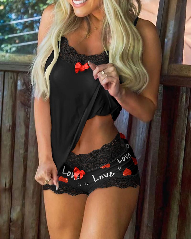 

Valentine's Day Love Heart Print Contrast Lace Cami Set, Black