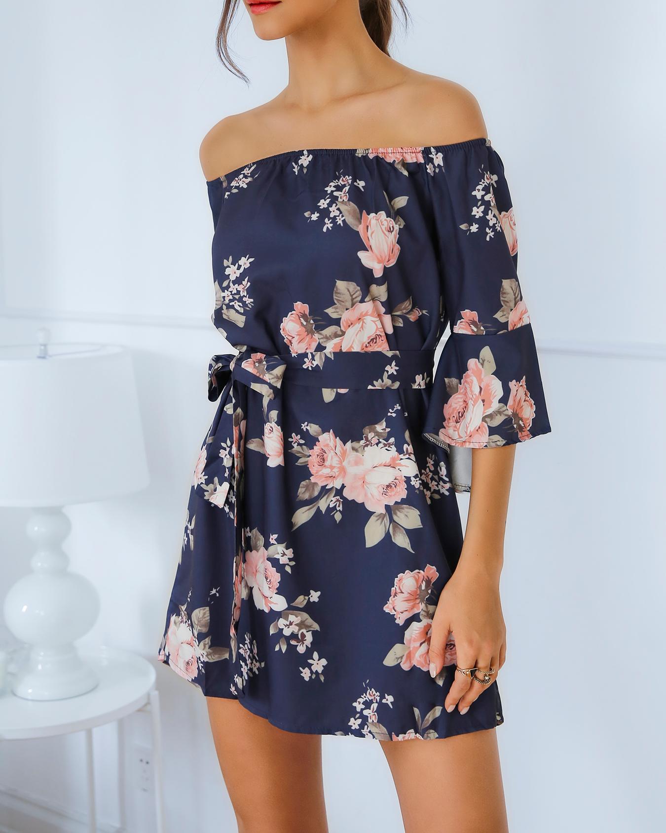 

Flare Sleeve Floral Print Mini Dress, Blue