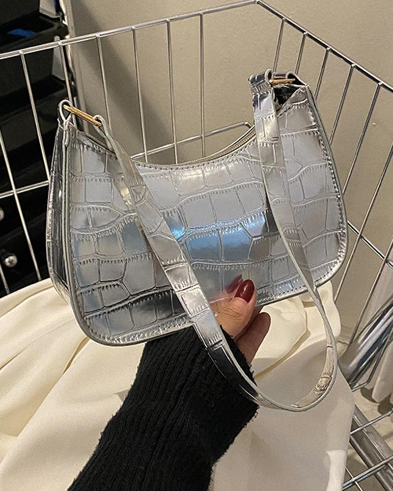 

Crocodile Fashionable Baguette Handbag, Silver
