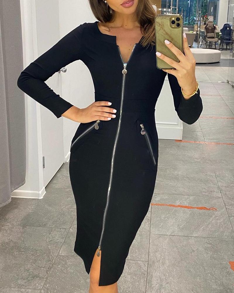 

Long Sleeve Zipper Front Bodycon Dress, Black