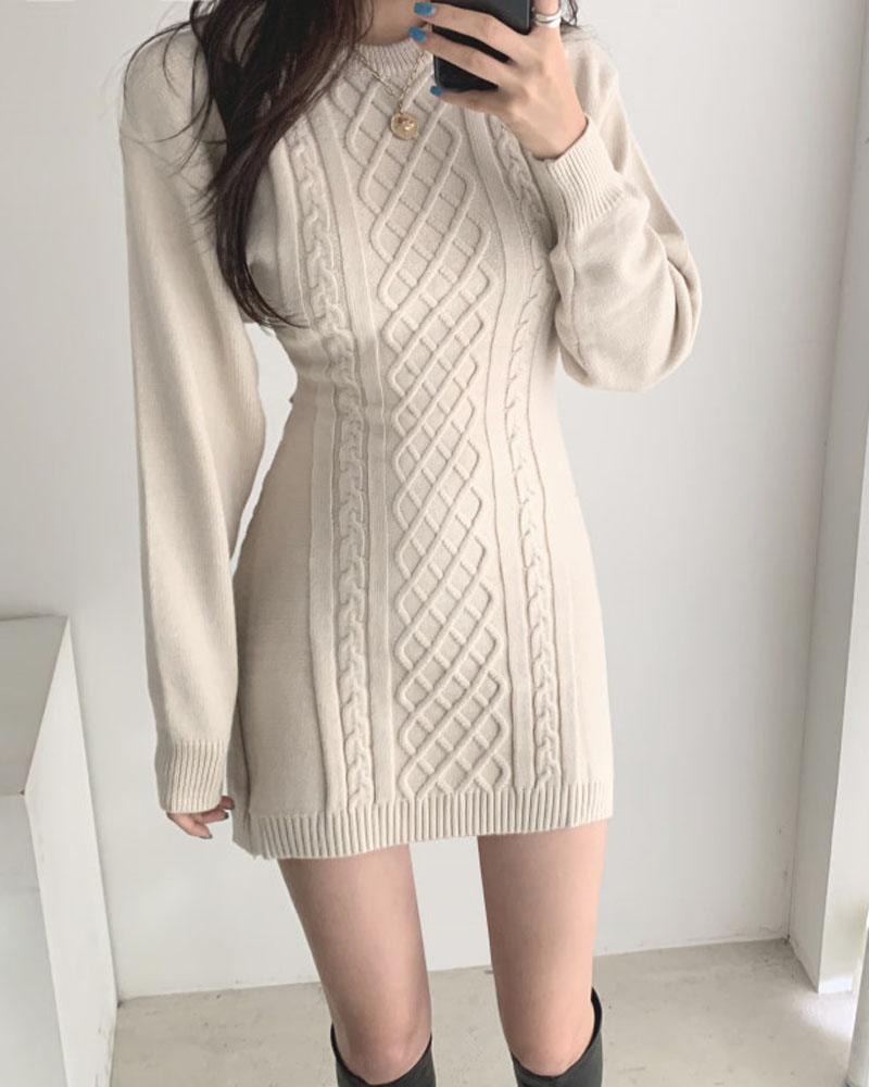 

Cutout Back Cable Knit Sweater Dress, Apricot