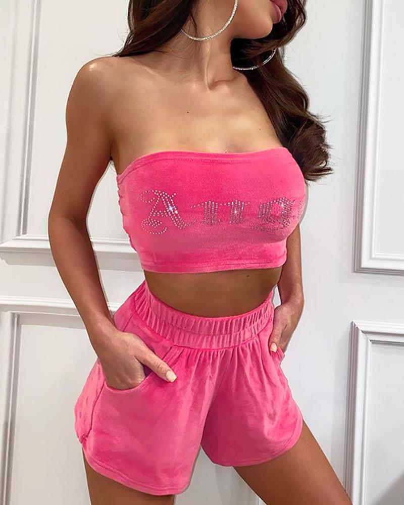 

Bandeau Letter Pattern Rhinestone Velvet Crop Top & Shorts Set, Pink