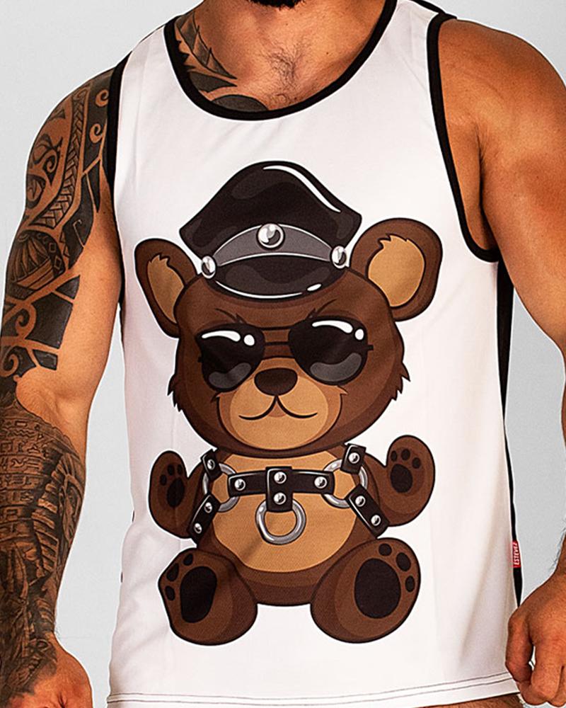 

Cartoon Teddy Bear Print Sleeveless Tank Top, White