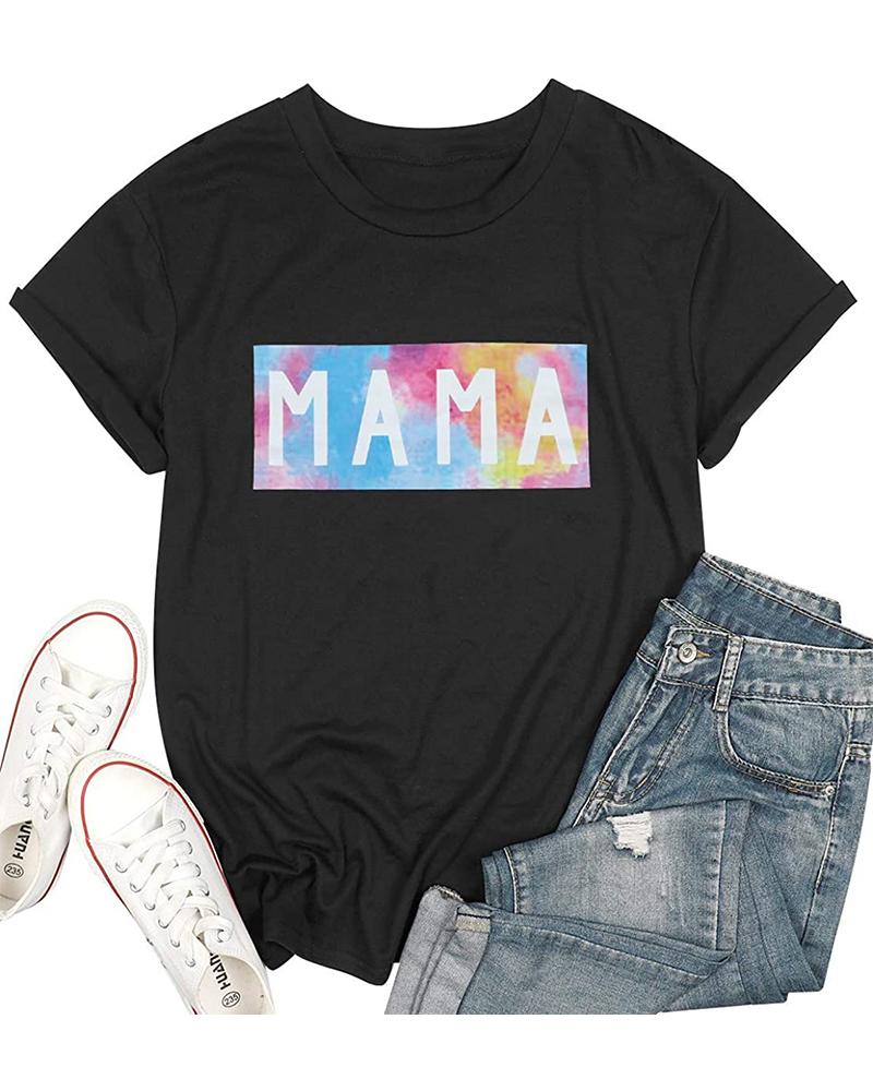 

Solid Color Patchwork Tie Dye Letter Print Short Sleeve T-shirt, Black