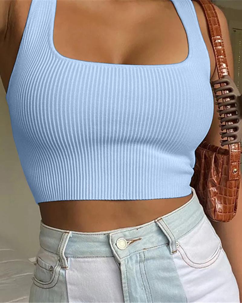 

Thick Strap Square Neck Knit Crop Top, Blue