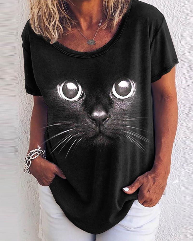 

Cartoon Kitty Print Short Sleeve T-shirt, Black