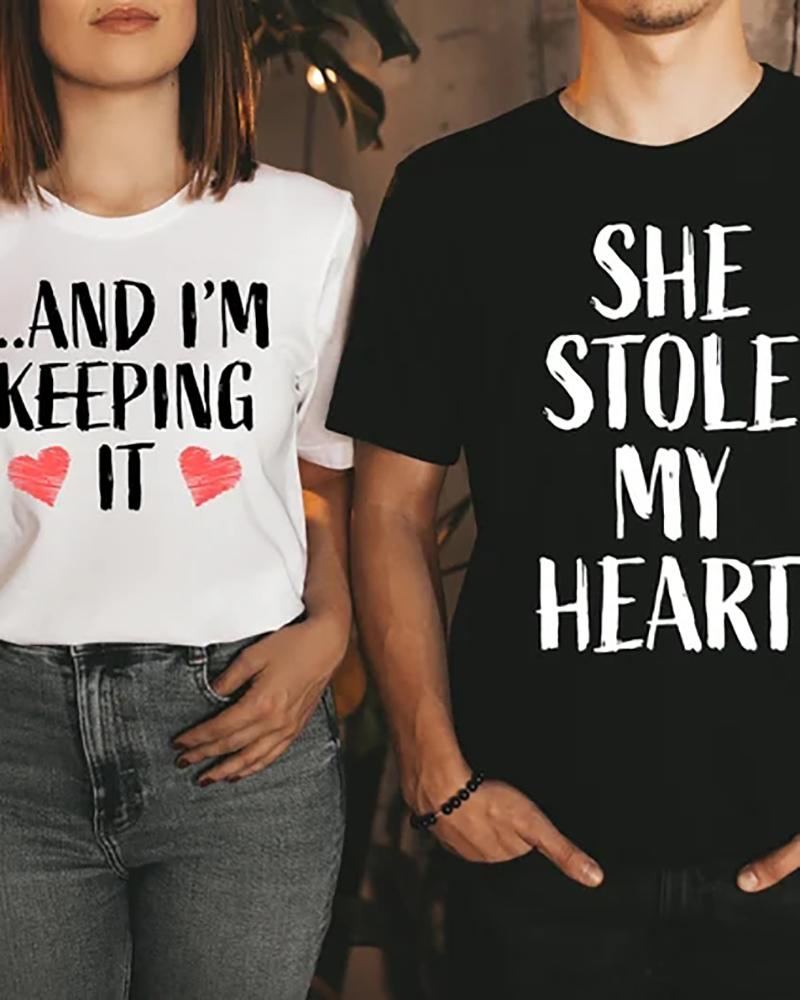 

Valentine' Day Heart Letter Print Short Sleeve T-shirt For Women, White