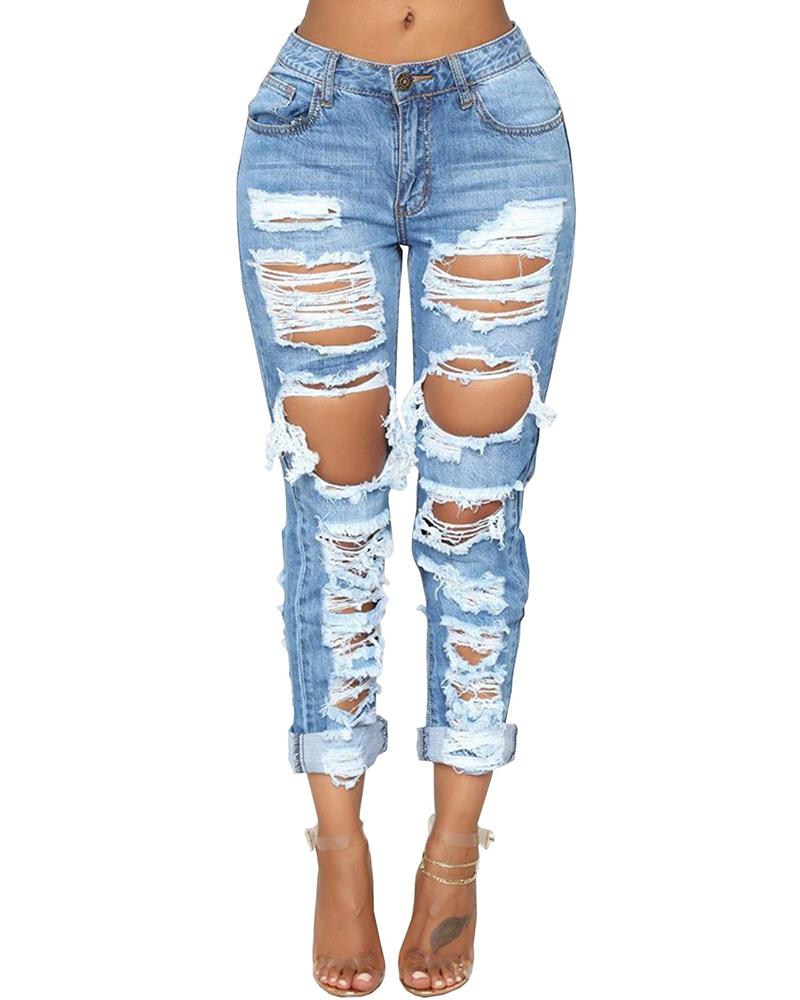 

Ripped Cutout High Waist Jeans, Blue