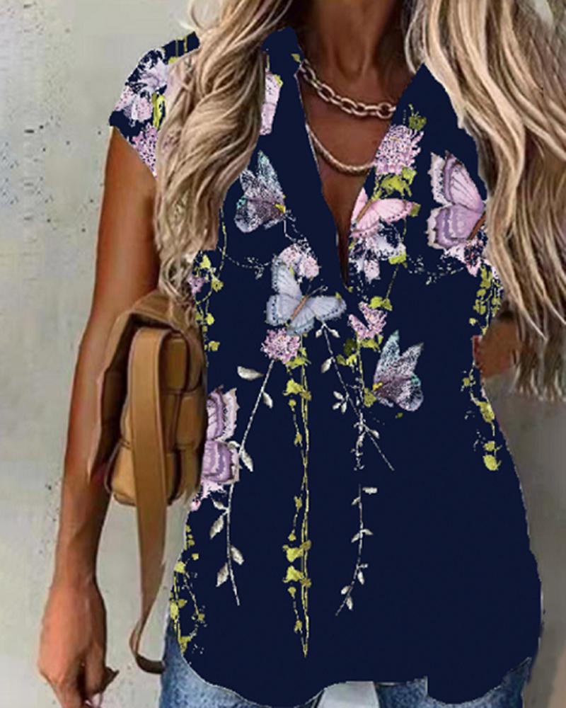 

Floral Butterfly Print Short Sleeve Buttoned Top, Dark blue