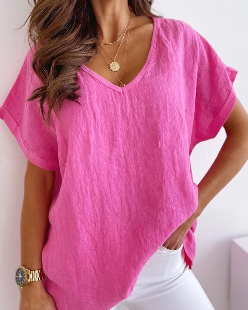 

V-Neck Short Sleeve Basic T-shirt, Hot pink