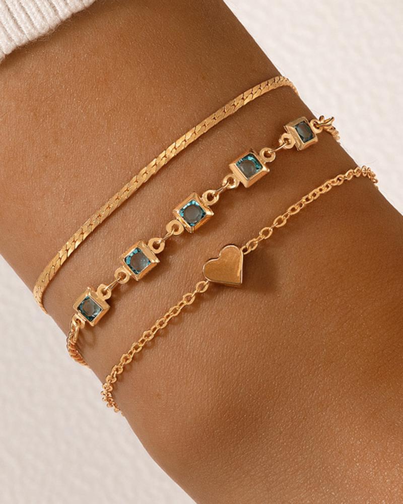 

3pcs Valentine's Day Crystal Heart Pattern Chain Bracelets Set, Gold