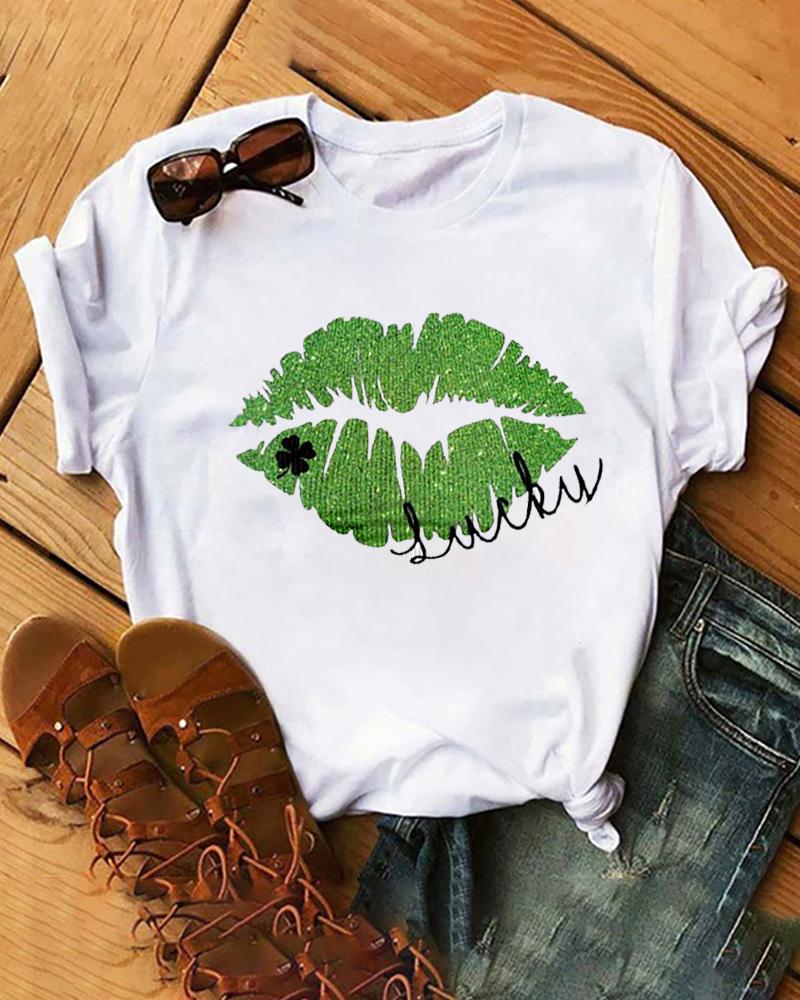 

Four Leaf Clover Letter Lip Print Crew Neck Casual T-shirt, White