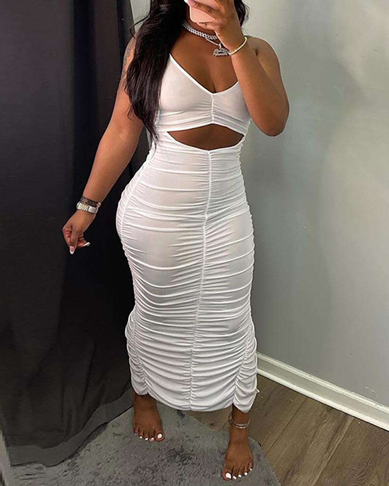 

Halter Backless Cutout Ruched Slit Maxi Dress, White