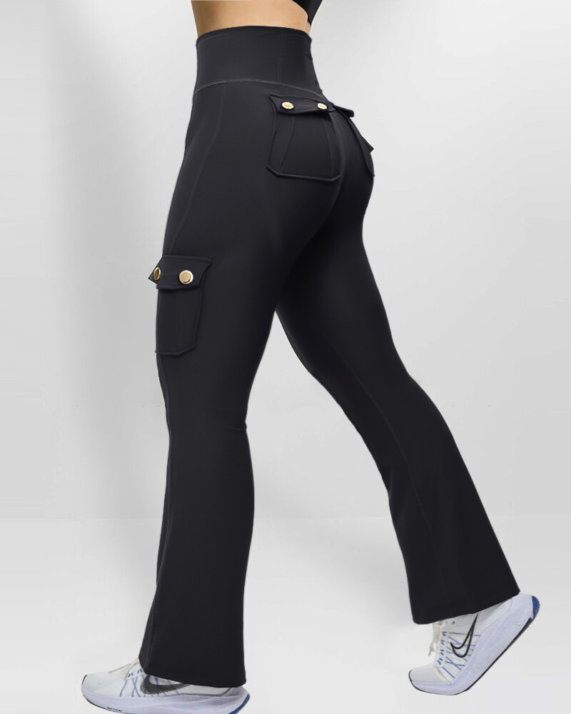 

Butt Lifting Leggings High Waist Tummy Control Flared Active Pants with Flap Pockets, Black