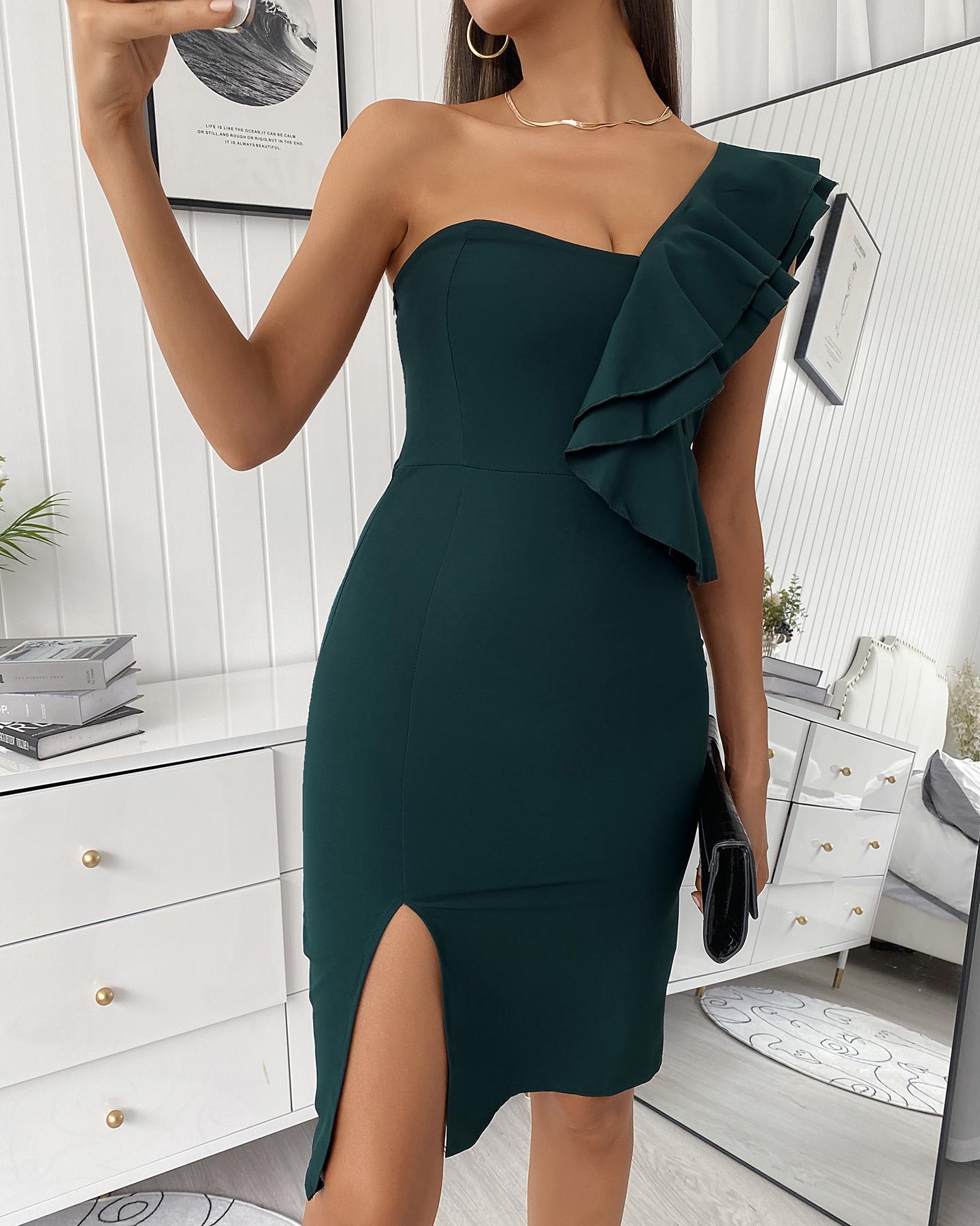 

One Shoulder Ruffles Slit Midi Dress, Green
